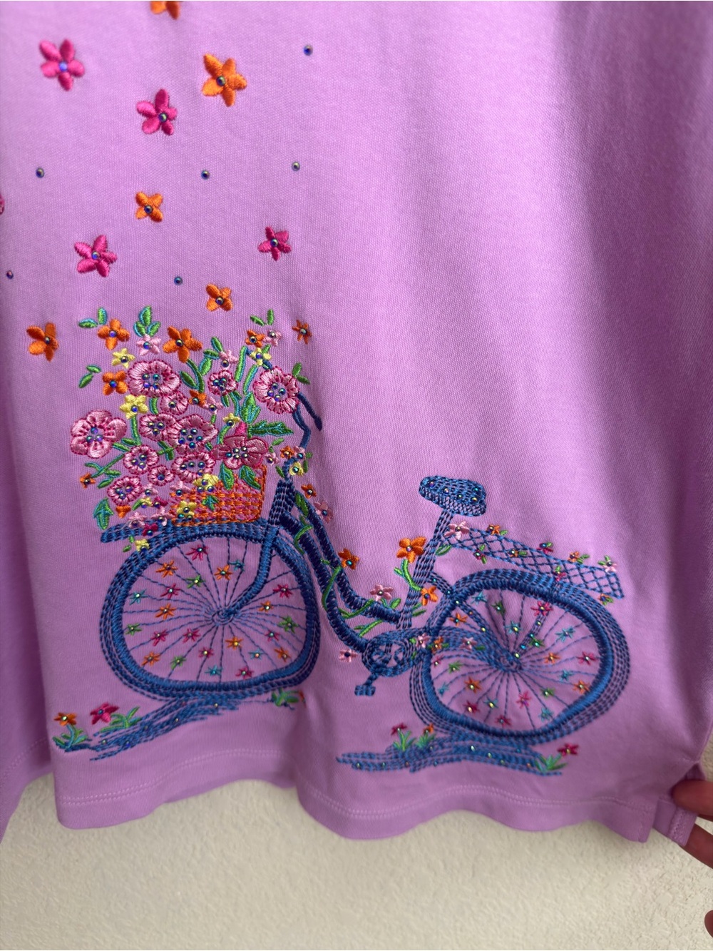 Quacker Factory Botanical Bicycle Embroidered Rhinestone Top XL Purple Whimsical - Picture 3 of 16
